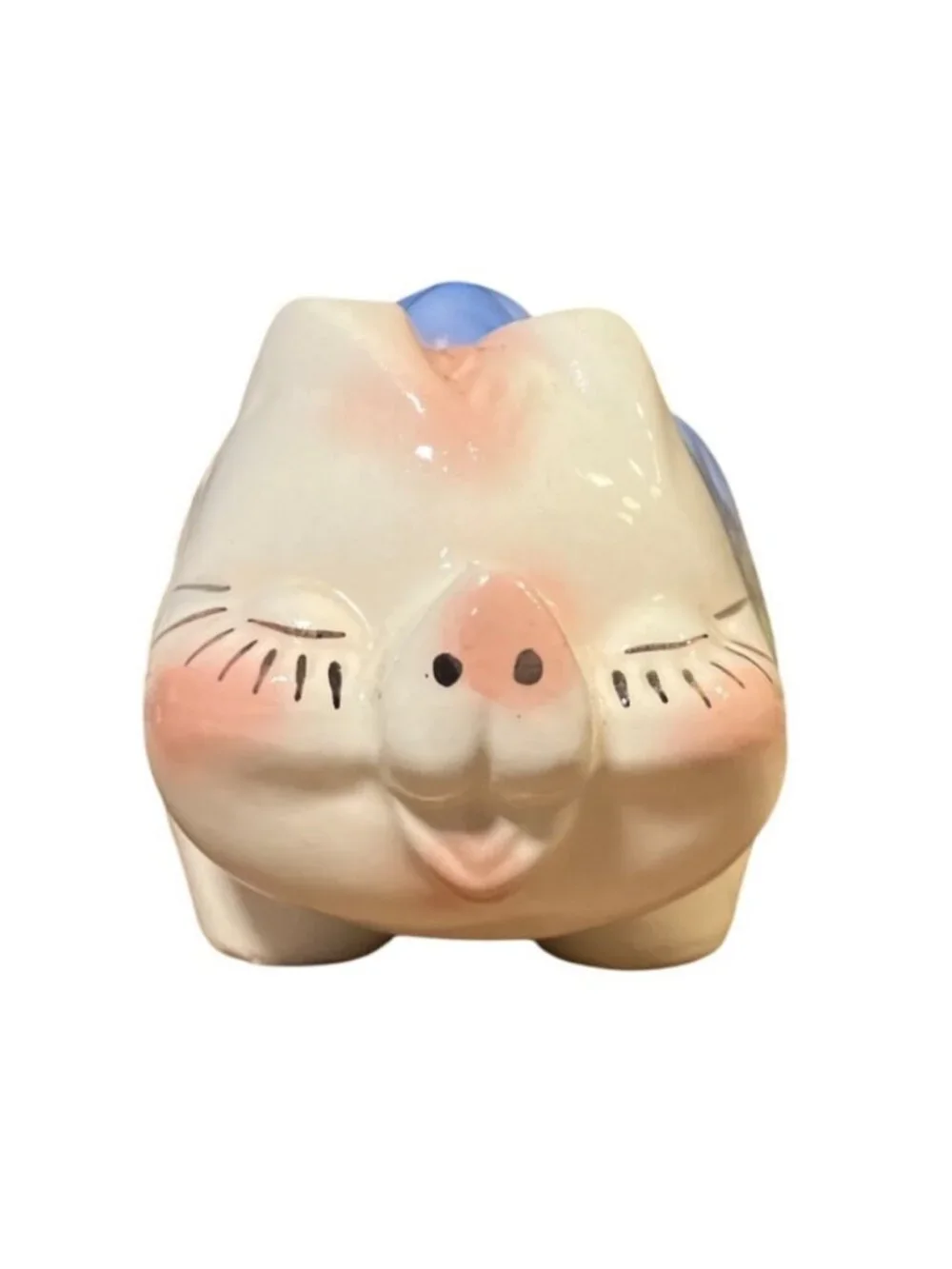Vintage Ceramic Piggy Bank With Blue Bow and Pink Accents